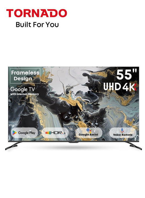 TORNADO 55 Inch 4K ULTRA HD Smart TV, Google TV with Hands Free Voice Control, Built-in Receiver, Dolby Vision Atmos, HDR 10+, Game Mode, Wide Colour Gamut, DTS HD, Google TV Android 55UA3400G Black