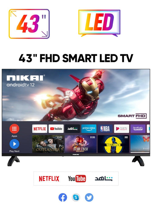 NIKAI 43 Inch Smart LED TV | Built-In Wi-Fi, Smart Apps, 2 HDMI Ports, 1GB RAM | 16W Speakers, Quad-Core Processor | Ultra-Slim Frame, Sleep Timer, Auto Power Off | Multilingual OSD, 60HZ - NTV4300SLED Black