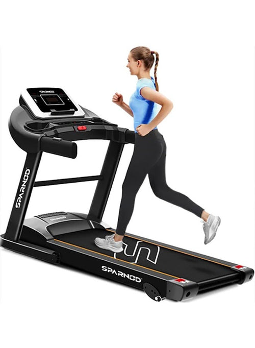Sparnod Fitness Sparnod Fitness STH-1200 Foldable Motorized Treadmill for Home Use (4 HP Peak) with 12 Pre-set Programs, Hi-Fi Speaker, Safety Key, Maximum User Weight of 110 Kg