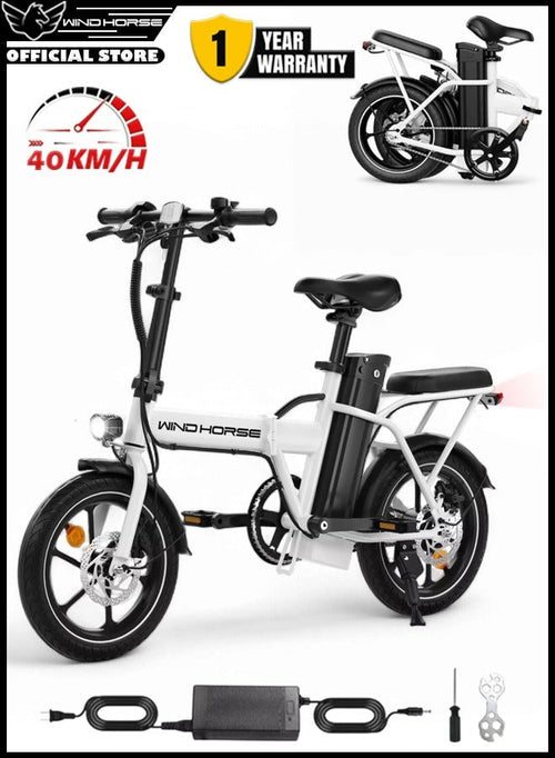 Wind Horse Folding Electric Bike with 350W High Speed Motor, 36V 8AH Battery, 40 KM/H Speed, 35 KM Range, Dual Disk Brakes, Carbon Alloy Frame and 16 Inches Tires, Portable Electric Bike with Dual Seat