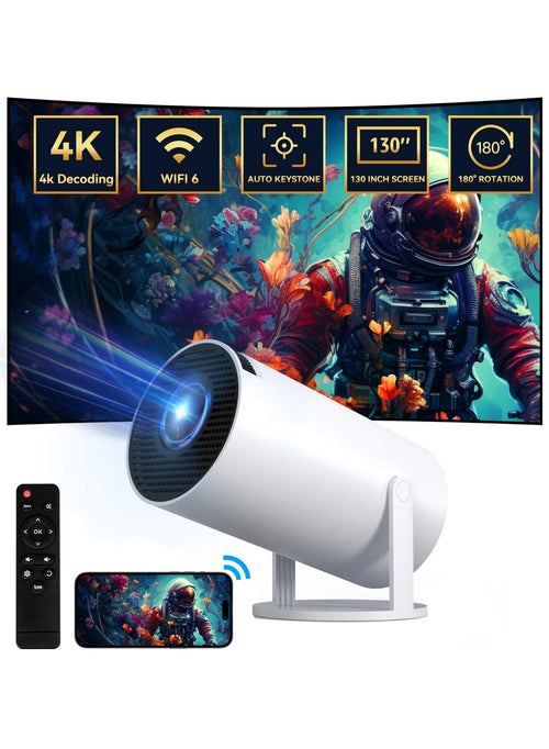 Toshionics Mini Projector 4K 1080P Support Portable Projector WiFi6 BT 5.0 Android 12 Smart Projector Auto Horizontal Correction 180°Rotatable Outdoor Movie Projector Compatible with Phone