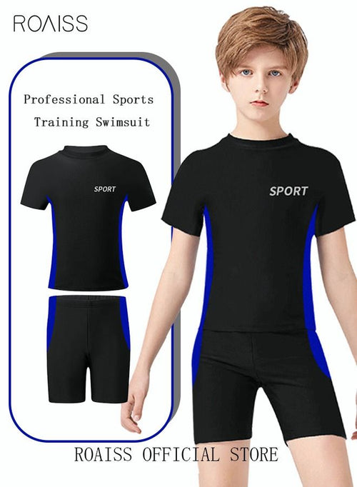 roaiss 2 Piece Boys Swimsuit Swimming Trunks Set Kids Training Quick Dry Sun Protection Swimwear Children Short Sleeves Clothing Beachwear Split Bathing Suit for Summer Moisture-Wicking Breathable Black