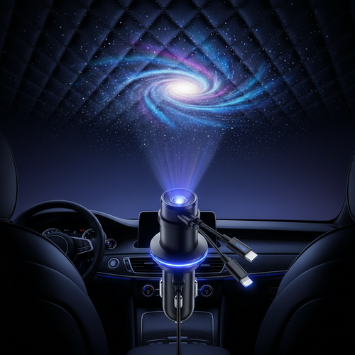 1 Pc 120W Max Retractable 5 in 1 Car Charger With Starlight Projection in Car Roof Type C+iOS Car Phone Cable Compatible with Smart Phone