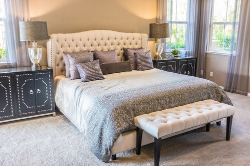 Luxury bedroom with layered bedding