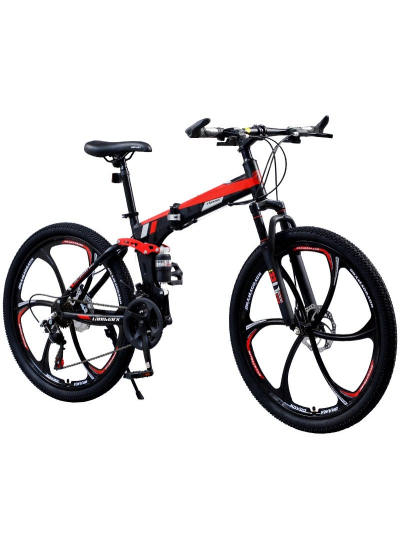 ETG 26 Inch Folding Mountain Bike, 24 Speed Full Suspension Bicycle with High-Carbon Steel, Dual Disc Brake Non-Slip Quick Release tire Folding MTB for Adults/Men/Women