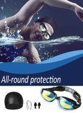 SUCITY 5-in-1 Anti-Fog Swimming Goggles - Goggle Set with Swimming Cap, Earplugs, Nose Clip, Leak-Proof Goggles - Waterproof Swimming Goggles that Can Effectively Block Ultraviolet Rays - Suitable for Men, W