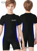 roaiss 2 Piece Boys Swimsuit Swimming Trunks Set Kids Training Quick Dry Sun Protection Swimwear Children Short Sleeves Clothing Beachwear Split Bathing Suit for Summer Moisture-Wicking Breathable Black
