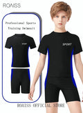 roaiss 2 Piece Boys Swimsuit Swimming Trunks Set Kids Training Quick Dry Sun Protection Swimwear Children Short Sleeves Clothing Beachwear Split Bathing Suit for Summer Moisture-Wicking Breathable Black