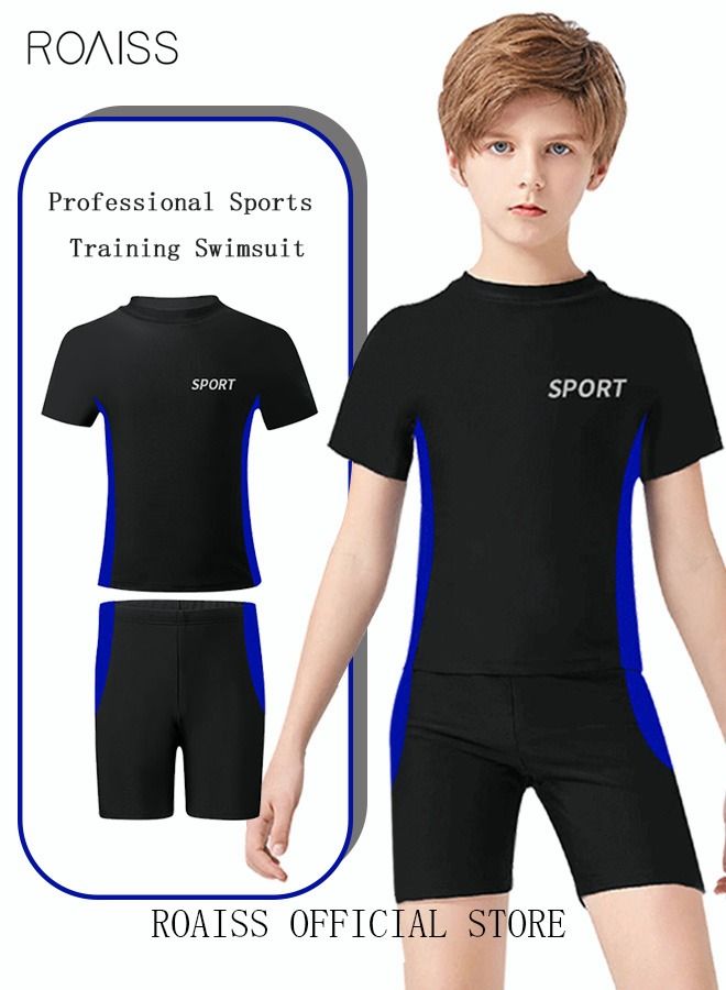 roaiss 2 Piece Boys Swimsuit Swimming Trunks Set Kids Training Quick Dry Sun Protection Swimwear Children Short Sleeves Clothing Beachwear Split Bathing Suit for Summer Moisture-Wicking Breathable Black